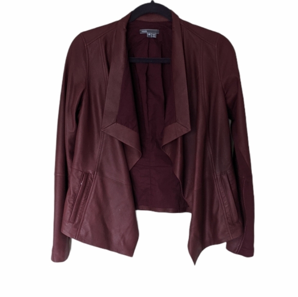 VINCE Leather Burgundy Red Drape Neck Open Jacket Size XS - Picture 3 of 10